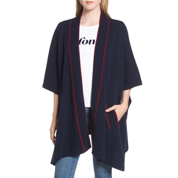 Draper James 100% Wool Cora Cape Open Cardigan in Nassau Navy & Maroon Red Trim - Picture 2 of 11
